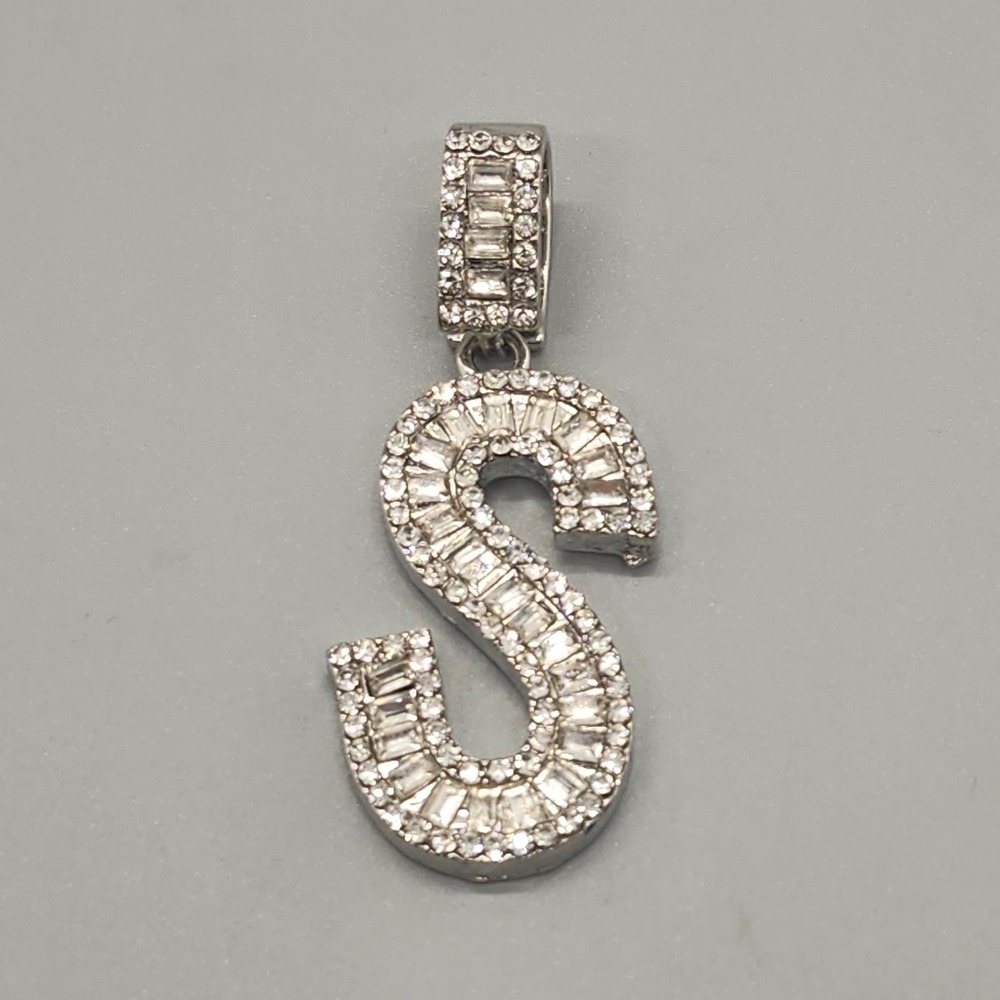 Initial Letter S Pendant 1.75" Baguette Round Rhinestone Silver Tone Bling